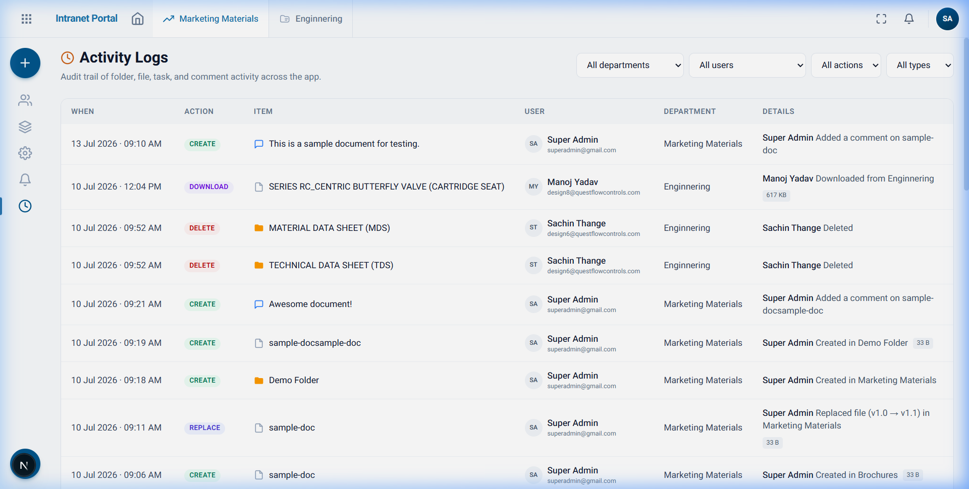 Activity log filtered by action and department